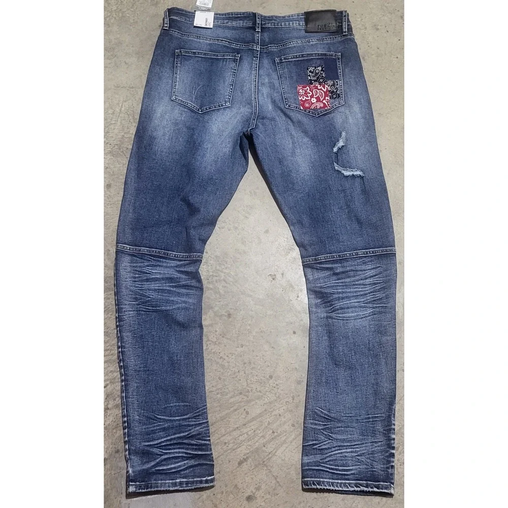 New rue21 Mens 38x32 Skinny Arc Jeans Supreme Flex Blue Distressed Bandana Patch
